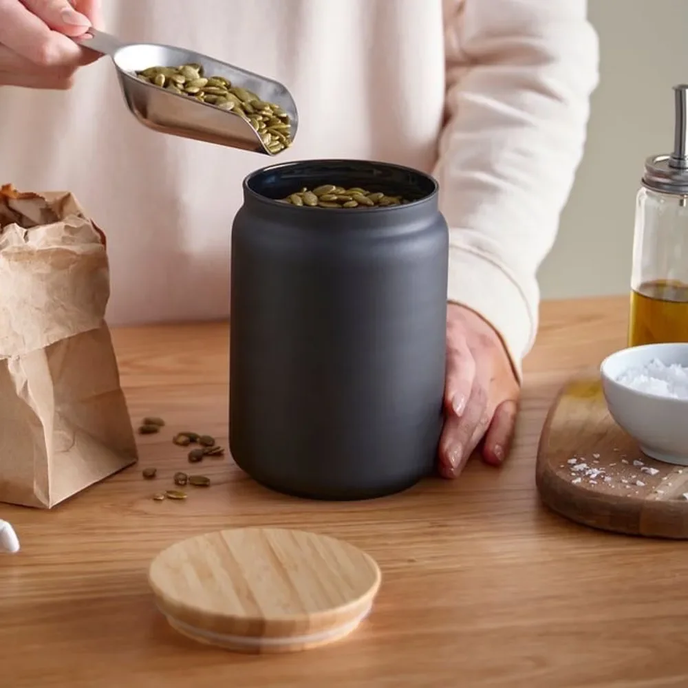 Matte Black Glass Canister with Bamboo Lid